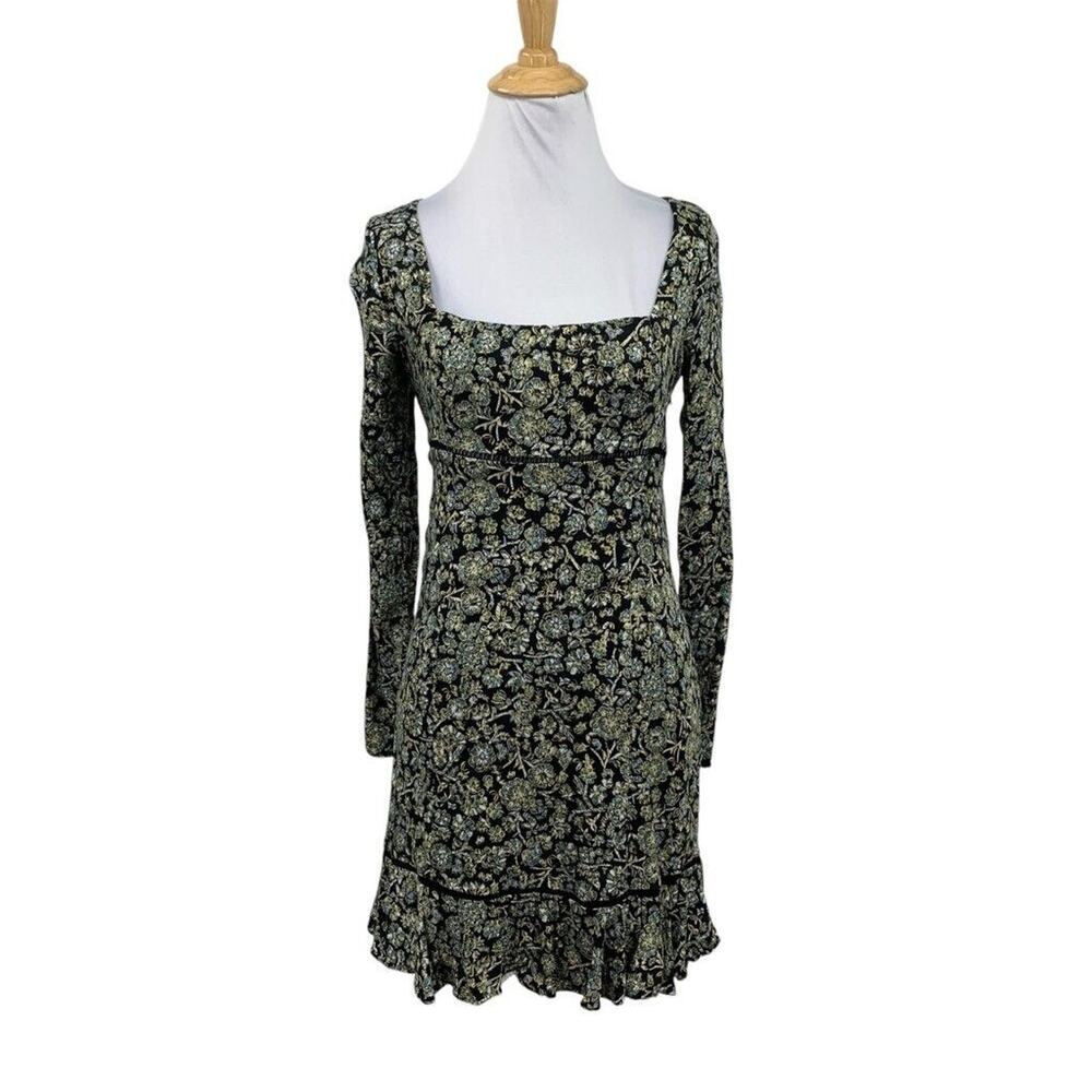 Free People Dress Womens 2 Black Multi Floral Square Neck Open Back Boheme Mini